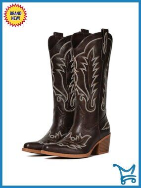 Women's Western Cowboy Boots Mid Calf Snip Toe Pull On Faux Leather